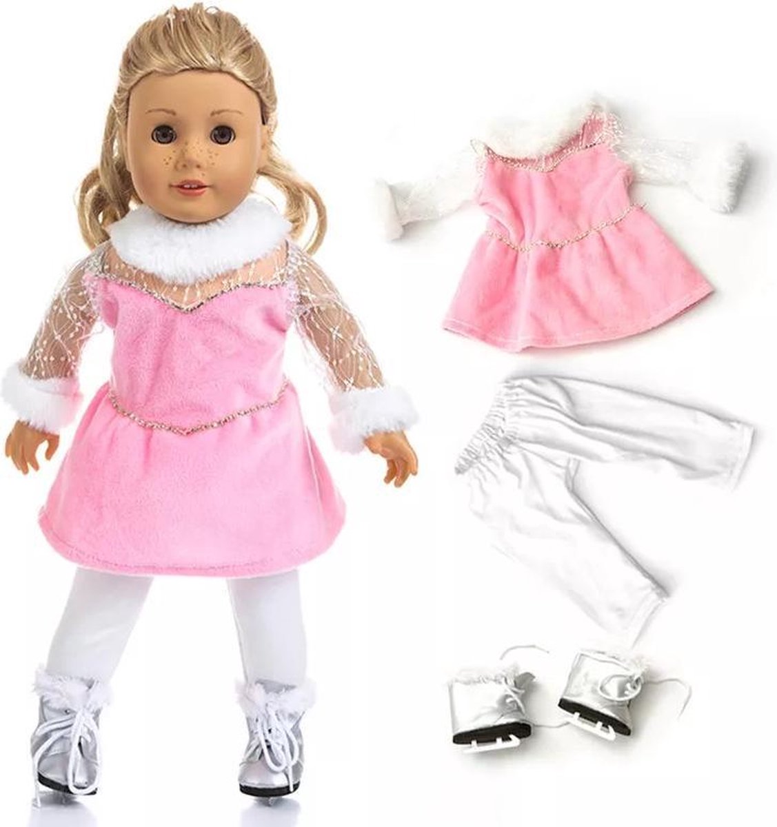 Poppenkleertjes - Geschikt voor Baby Born - Schaats outfit - Jurk, legging en schaatsen - Winterkleding - Kerst